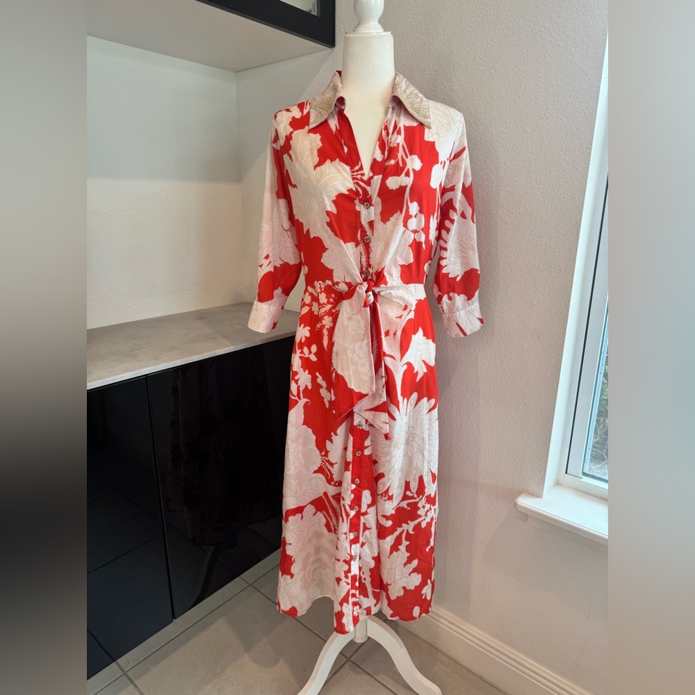 Figue Red & White Floral Midi Shirt Dress with Tie Waist